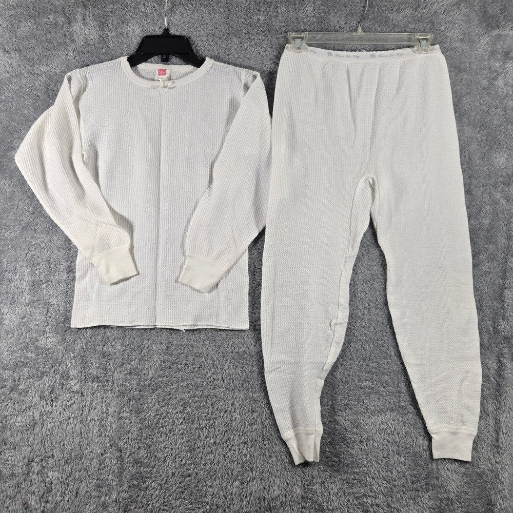 Hanes Her Way Womens 90s M White Waffle Knit Thermal Underwear 2pc Base Layer